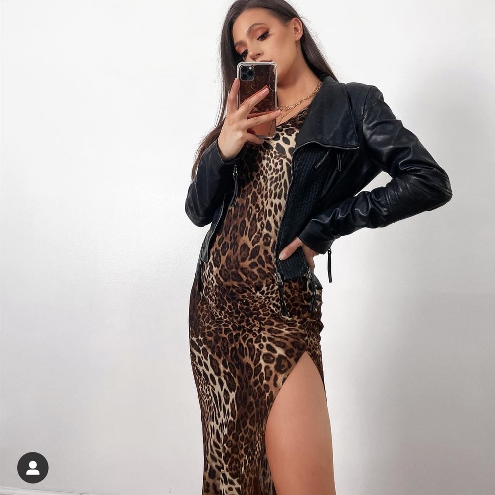 Tiger mist leopard print low back sheer maxi dress